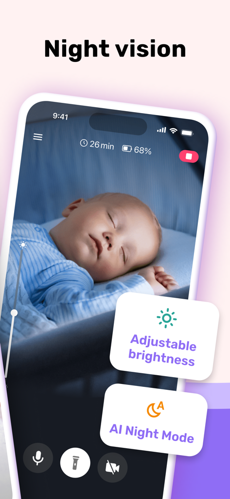 Bibino Baby Monitor: Nanny Cam - A baby sleeping peacefully viewed through the Bibino baby monitor app featuring AI night vision and adjustable brightness settings