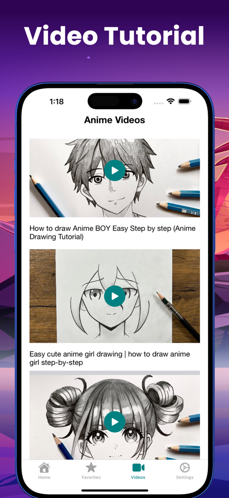 Mobile app interface showing a list of anime drawing video tutorials for boys and girls