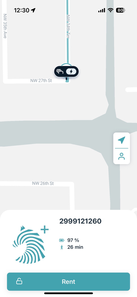 Zybra Plus - Zybra Plus app map screen showing an available bike location and rent button