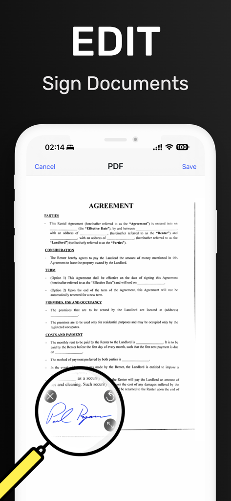 Mobile app interface showing a digital signature being applied to a PDF agreement document on an iPhone screen