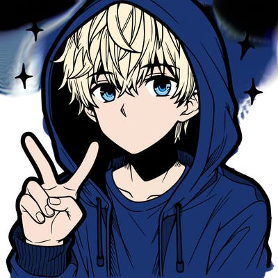 teenage manga boy in a hoodie, doing ✌