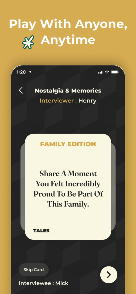 Una captura de pantalla de la aplicación Tales que muestra una carta de conversación de la edición familiar con una indicación para compartir un momento familiar del que sentirse orgullosos.