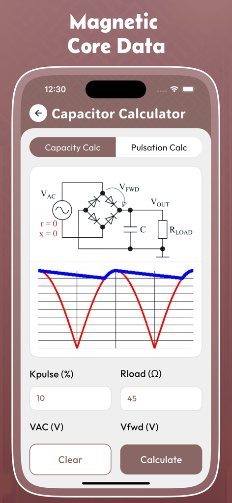 Transformer Calculator Pro - Pantalla de calculadora de condensadores con un diagrama de circuito rectificador de puente completo y gráfico de rizado de voltaje