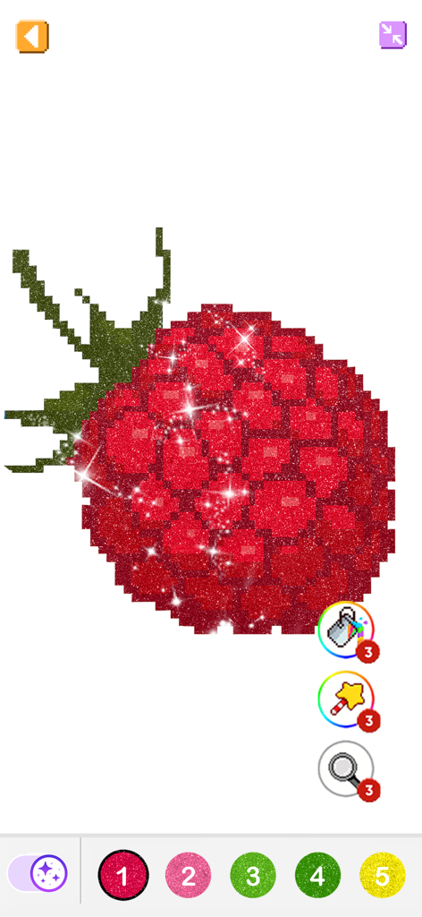 Pixel art gameplay showing a sparkly red raspberry being colored by number.