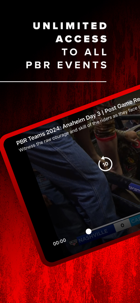 PBR - La aplicación de PBR que muestra acceso ilimitado a eventos de bull riding profesional.