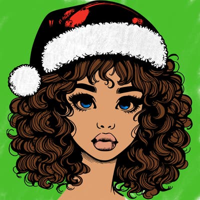 realistic girl with a santa hat curly hair and lips