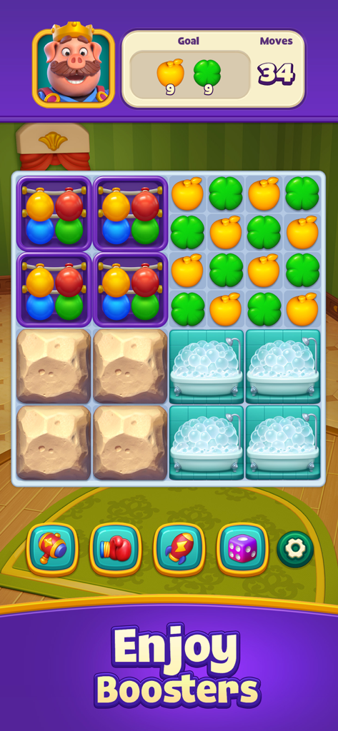 Match 3 puzzle gameplay in Piggy Kingdom showing game boosters and a grid with colorful items.