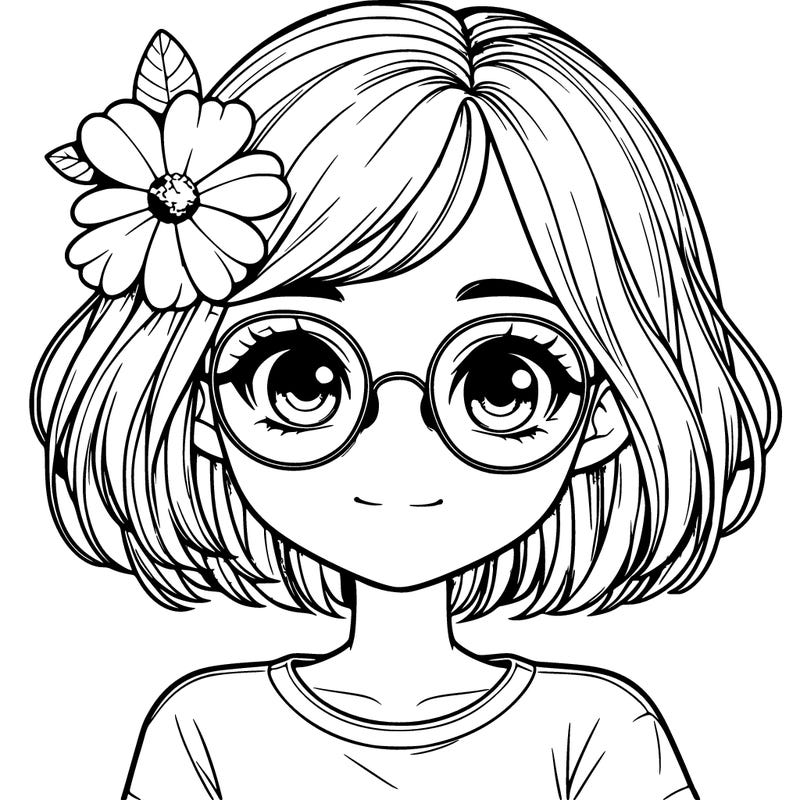 realistic girl with glasses, short hair and a flower in her hair