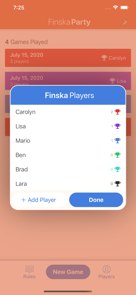 Finska Party - Finska Party app players list showing names and trophy counts