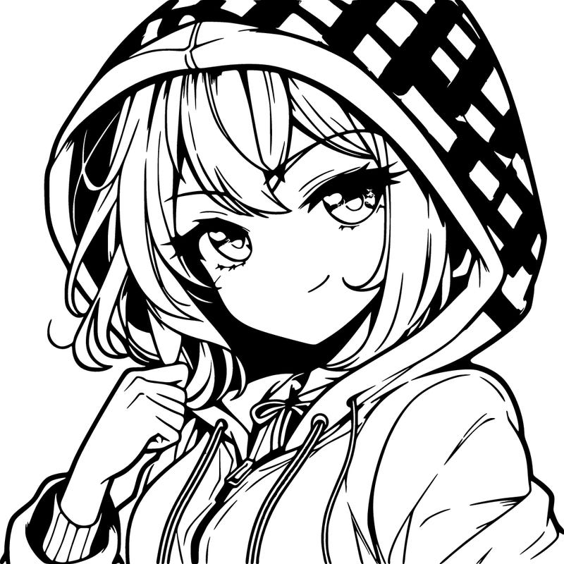 manga girl smirking and in a cool pose in a hoodie