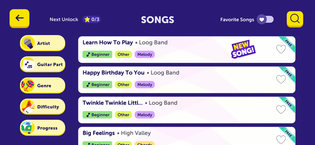 Songbook library screen in the Loog Guitar app showing beginner music lessons and nursery rhymes