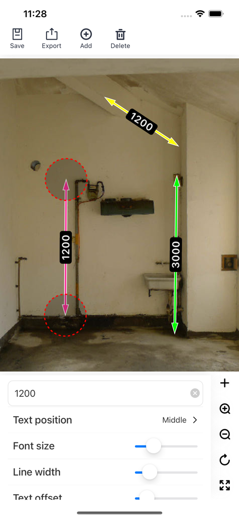 SizeSnap - Markup measurements - Interfaz de la aplicación SizeSnap con etiquetas de medición en una foto de obra