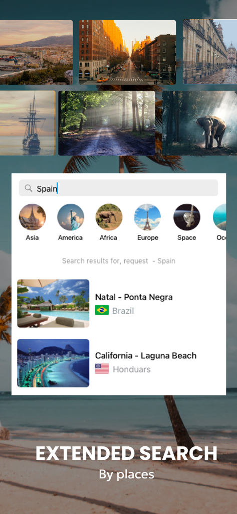 Webcams World View: Discovery - App interface showing the extended search feature for live webcams by location and category