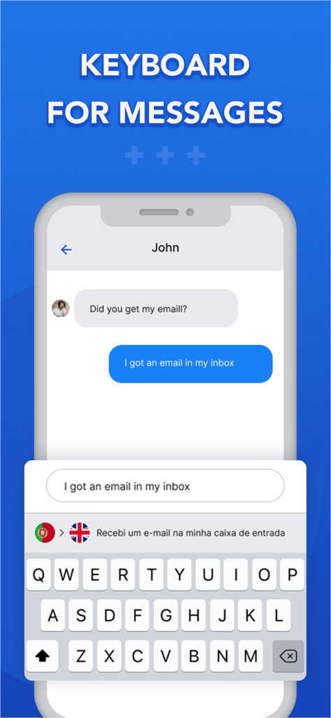 Translator - Voice & Text - Eine mobile Benutzeroberfläche, die die Tastaturübersetzungsfunktion zeigt, die Portugiesisch nach Englisch in einem Chat-Gespräch übersetzt.