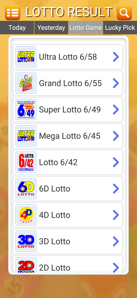 Pinoy Lotto Draw - Pinoy Lotto Draw app displaying a list of Philippine PCSO lottery games including Ultra Lotto and 6D Lotto.