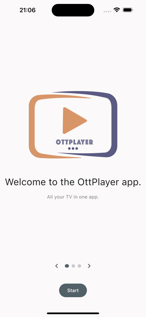 OttPlayertv - Pantalla de bienvenida de la aplicación OttPlayertv con logo y botón de inicio