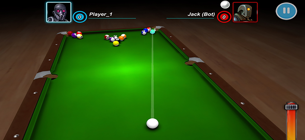 9 Ball Pool King Billiard Game - A 3D mobile billiard game screen showing a player aiming the cue ball on a green pool table against an AI opponent.