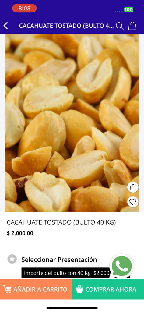 Mayoreo Online - Página de producto de la aplicación móvil Mayoreo Online para un pedido a granel de 40 kilogramos de cacahuates tostados