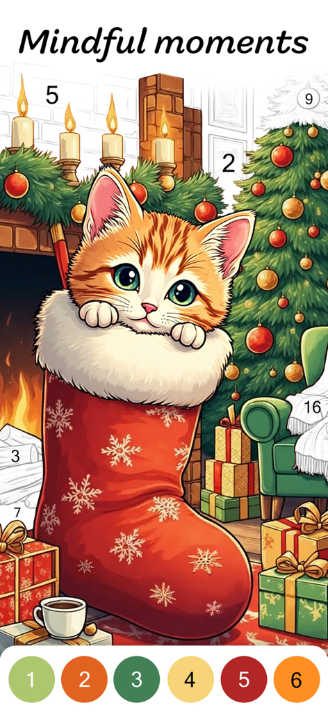 Color by Numbers for Adults - Digitale Malenseite nach Zahlen mit einer süßen Katze in einem Weihnachtsstrumpf neben einem Kamin.