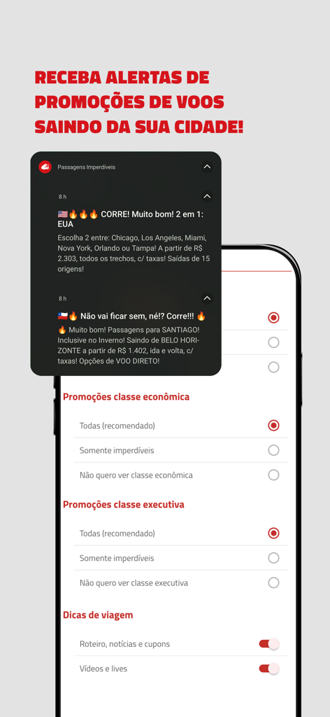 Tela de smartphone mostrando notificações push de ofertas de voos e preferências de alerta para classe econômica e executiva.