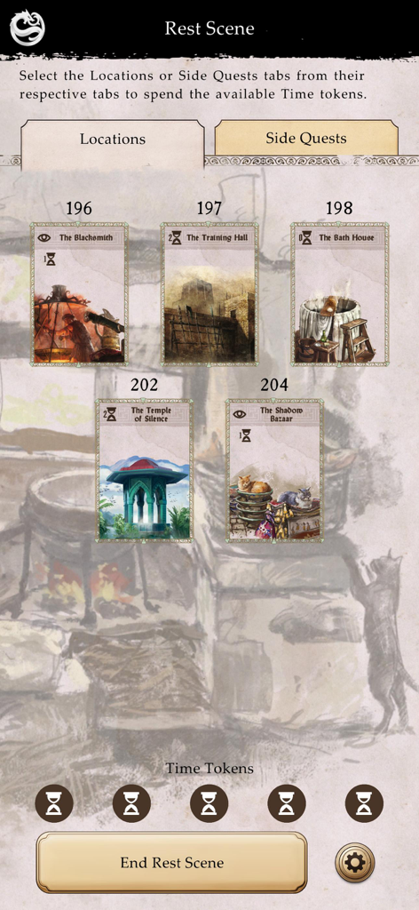 Fateforge: Chronicles of Kaan - Fateforgeコンパニオンアプリのインターフェースで、選択可能な場所カードと時間トークンが表示された休憩シーンを表示