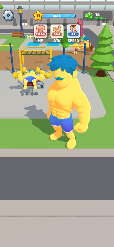 Gym Clicker: KO MMA Boxing - A buff character stands in an outdoor gym with workout stats shown on screen
