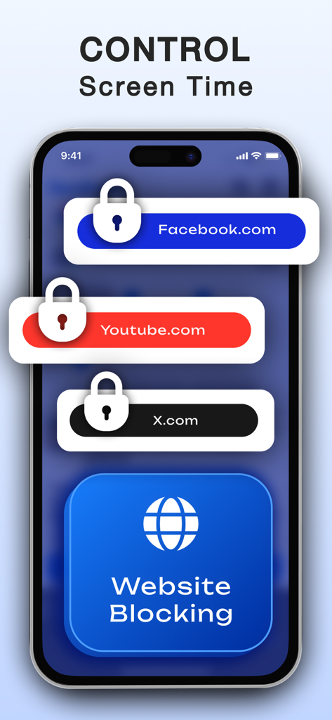 Opal PRO app interface showing website blocking for Facebook YouTube and X to control screen time