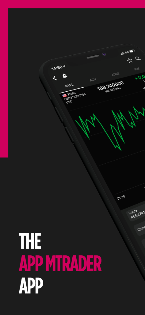 MTrader - Aplicación móvil MTrader que muestra cotizaciones bursátiles en tiempo real y gráficos de rendimiento en una interfaz de tema oscuro