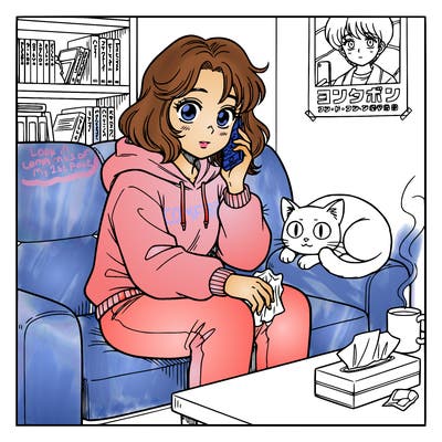 teen girl in a sweatsuit on a couch on her phone sick