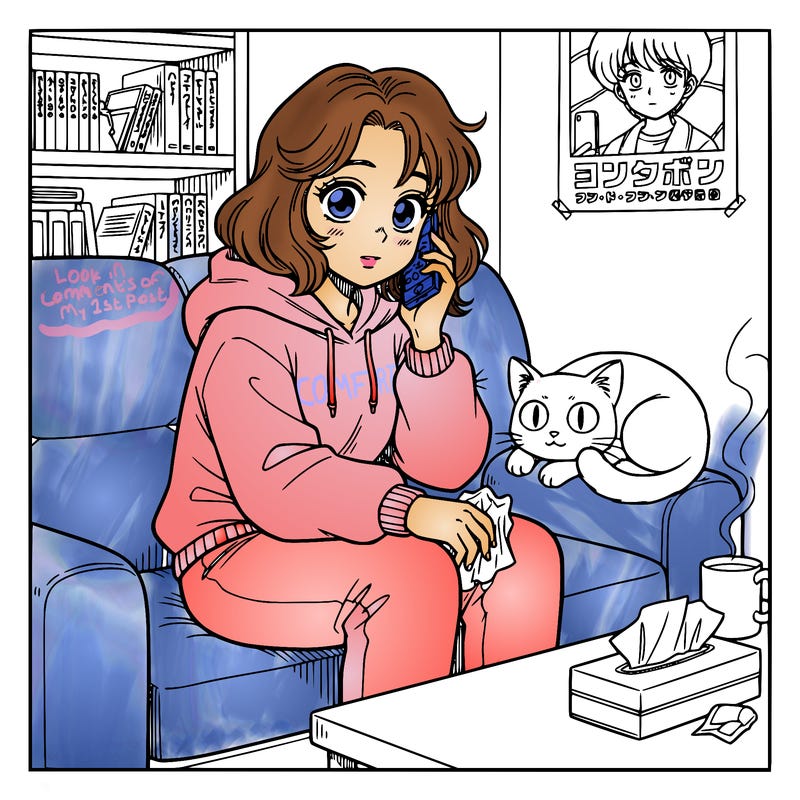 teen girl in a sweatsuit on a couch on her phone sick