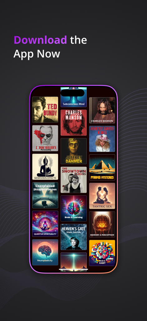 Interfaz de la aplicación Skoob que muestra una cuadrícula de portadas de podcasts de no ficción de formato corto que incluyen temas de true crime, autoayuda y ciencia.