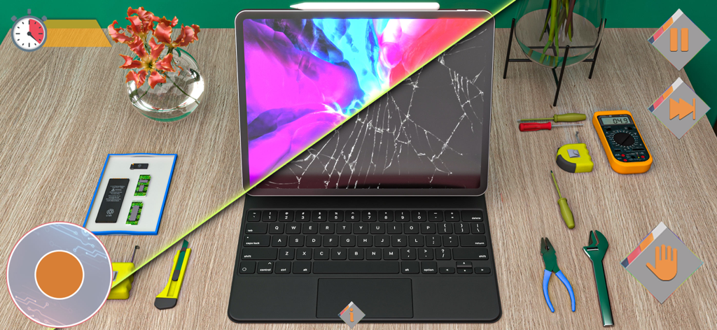 Repair & Fix Electronics Games - Split screen view showing a cracked versus a fixed tablet screen in an electronics repair simulation game with various tools on a wooden desk