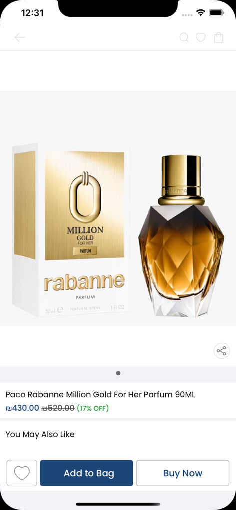 Zeina Beauty - Paco Rabanne Million Gold For Her Parfum product page on the Zeina Beauty mobile app.