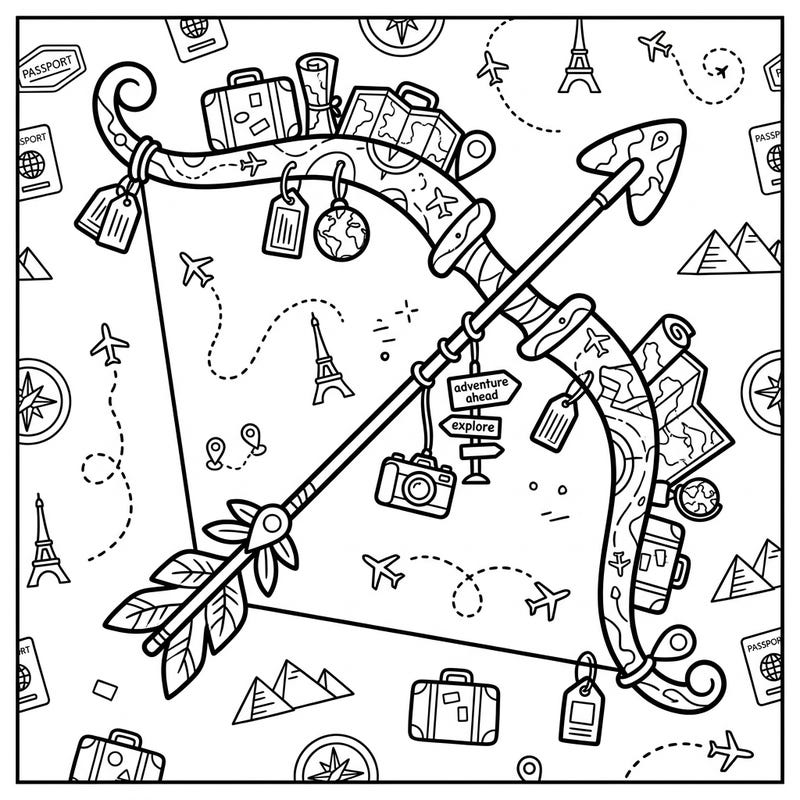 Combine romance with wanderlust in this unique Cupid's Bow Vacation coloring page, brimming with delightful travel motifs. Get ready to personalize an arrow-shooting adventure across iconic landmarks and cherished souvenirs.