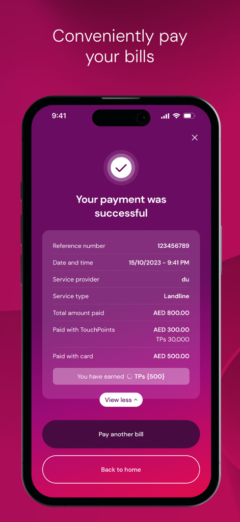 TouchPoints – Loyalty App - Pantalla de confirmación de pago de factura exitoso en la aplicación TouchPoints que muestra un pago dividido usando puntos y tarjeta