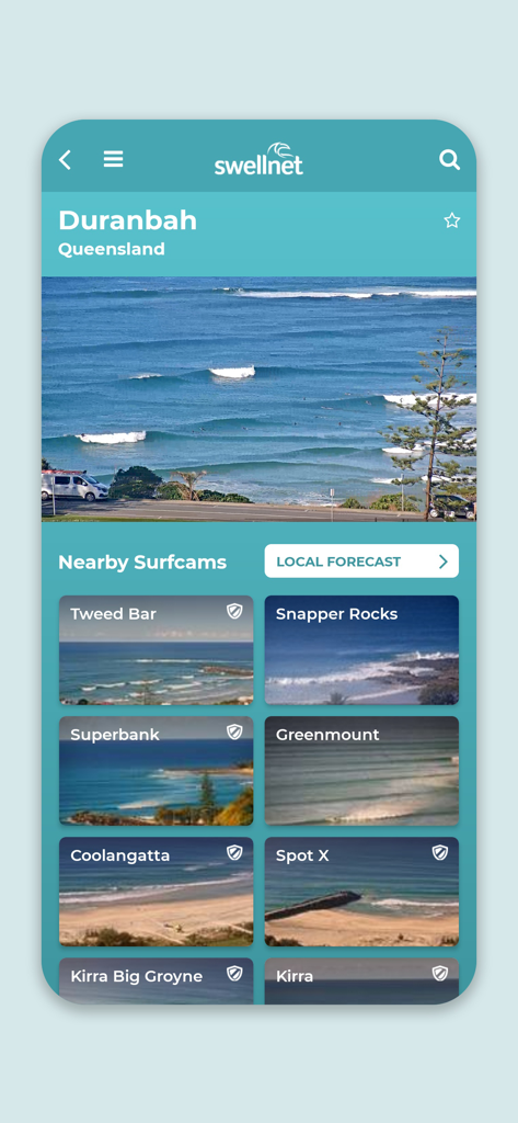 Swellnet mobile app interface showing a live surfcam of Durbanbah and nearby surf locations like Snapper Rocks.