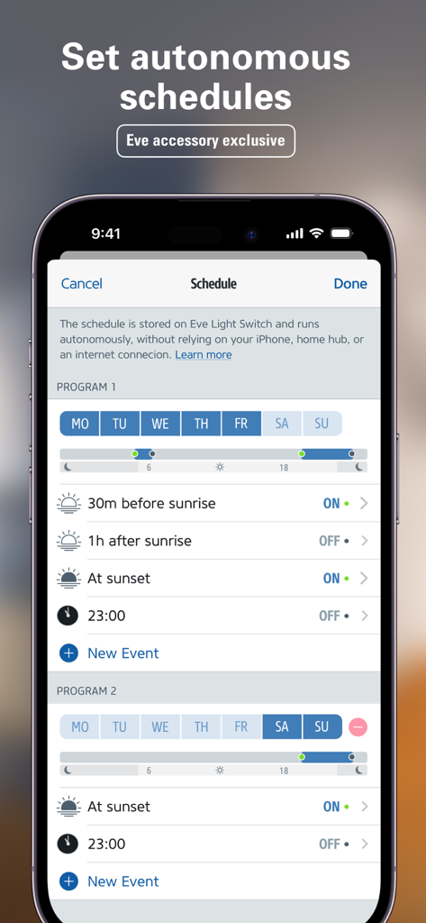 Eve for Matter & HomeKit - Interface of the Eve app showing settings for autonomous light switch schedules based on sunrise and sunset.