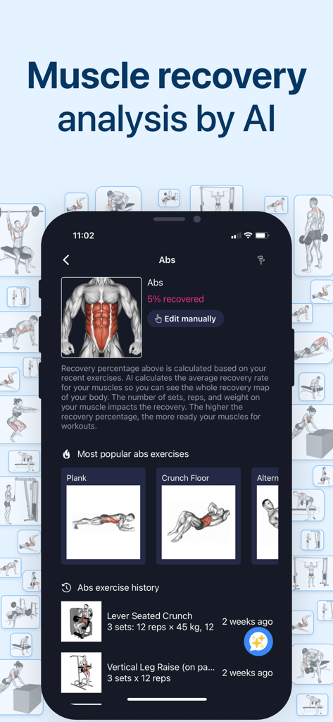 A mobile app interface showing AI muscle recovery analysis for abdominal muscles and recommended abs exercises