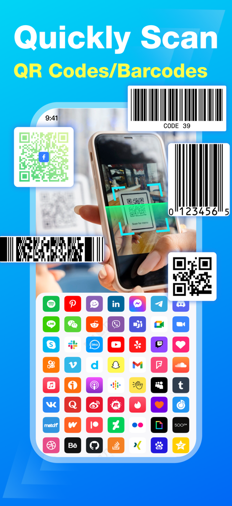 QR Code Scanner Master - A smartphone scanning a QR code with a display of barcodes and various social media icons for quick sharing