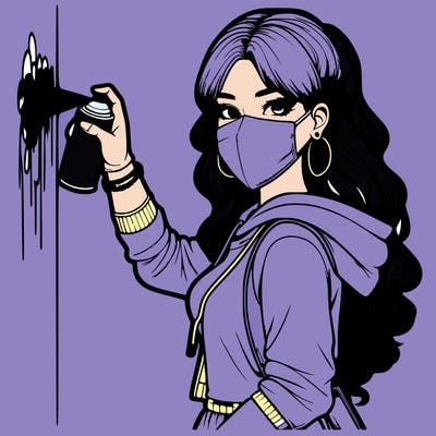 realistic girl with mask spray painting a wall