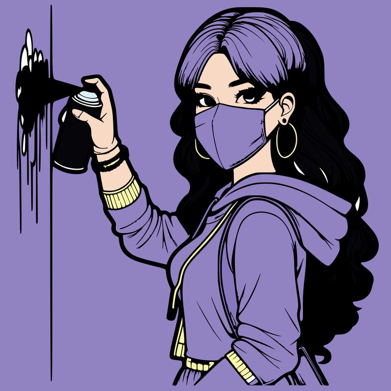 realistic girl with mask spray painting a wall