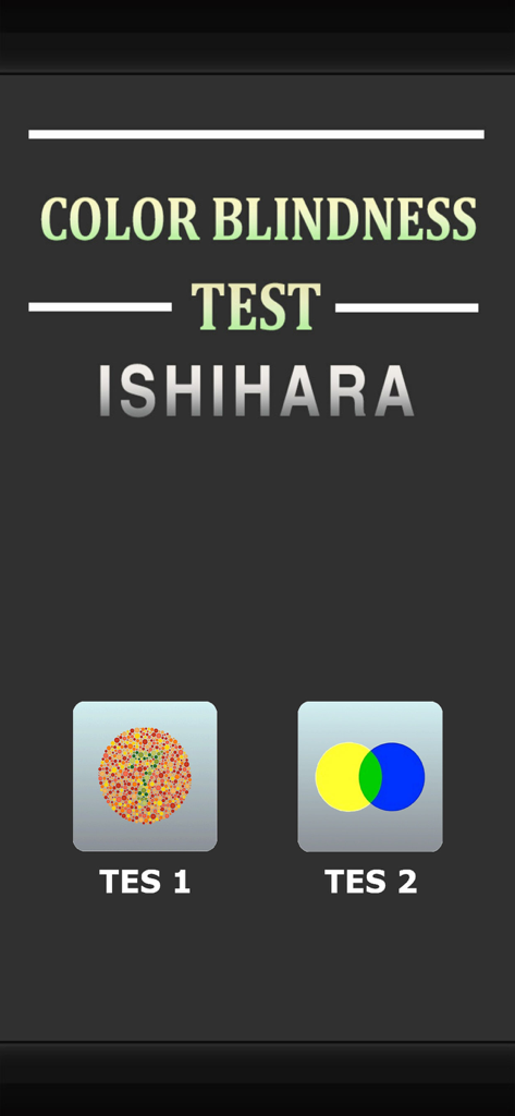 Color Blindness Test Ishihara - Menú principal de la aplicación Test de Daltonismo Ishihara con iconos de selección para diferentes pruebas de visión