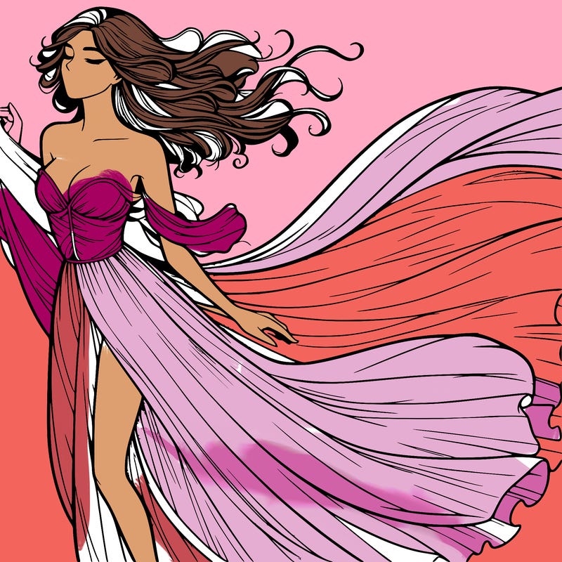 realistic woman in dress flowing the the wind