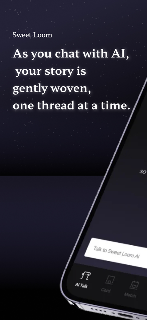 sweet loom: AI matched dating - Captura de pantalla de la aplicación Sweet Loom que muestra el eslogan sobre la IA entrelazando una historia personal a través de chat para citas.