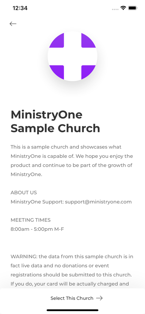 Church by MinistryOne - Profile page of a sample church in the MinistryOne app showing contact details and meeting times