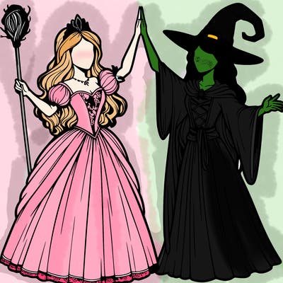 detailed realistic split of a princess and a witch