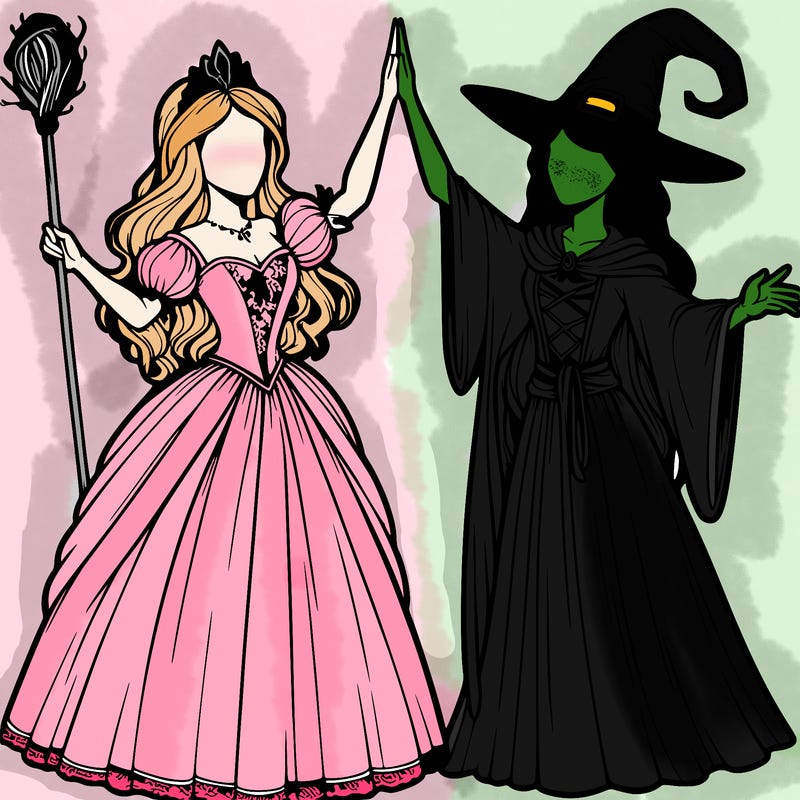 detailed realistic split of a princess and a witch