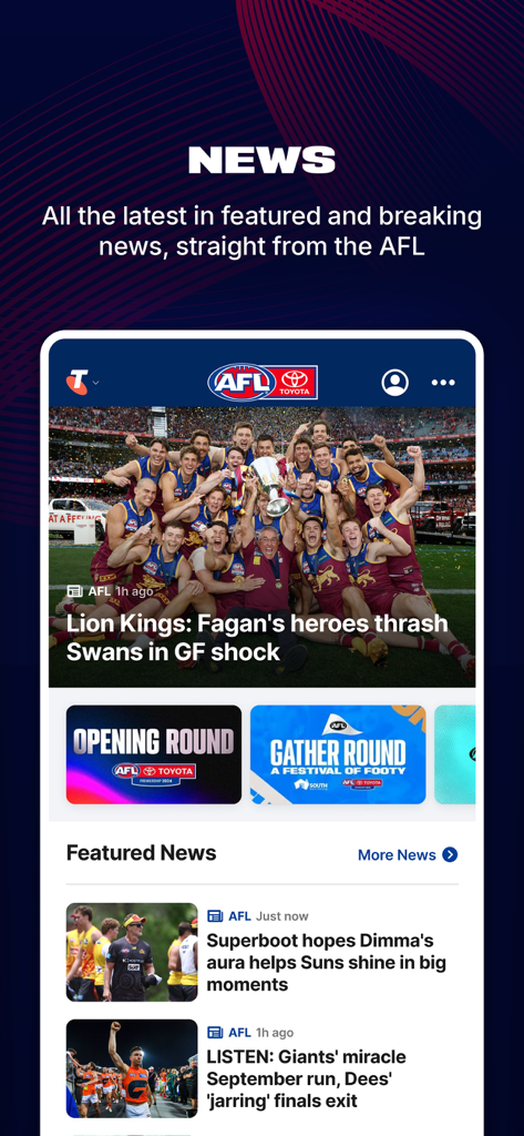 The news section of the AFL Live Official App displaying featured football news and match reports.