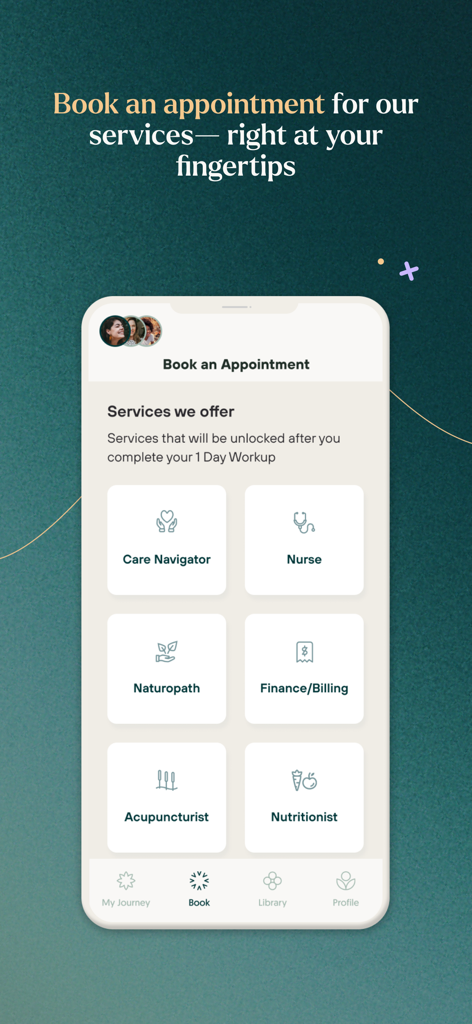 Pantalla de la app Pollin mostrando un menú de servicios de cuidado de fertilidad para reservar, incluyendo naturópata enfermera y nutricionista