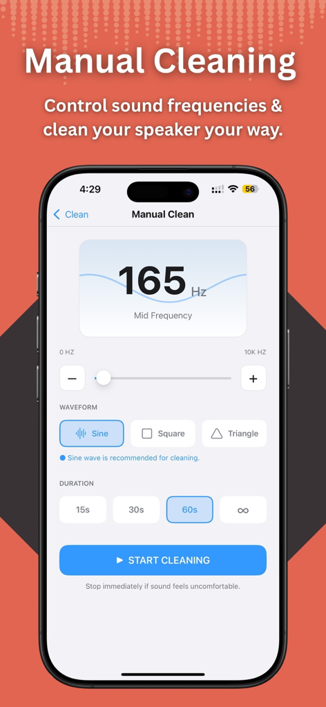 Speaker Cleaner ‒ Clear Wave - Pantalla del iPhone mostrando la configuración manual de limpieza del altavoz con controles de frecuencia y forma de onda
